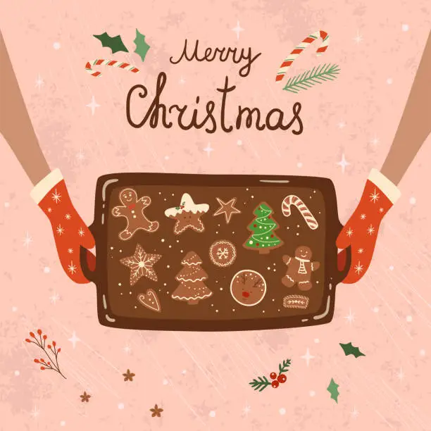 Vector illustration of Baking tray with Christmas cookies card. Hands holding oven tray with different types of gingerbreads. Cute baked Christmas cookies.