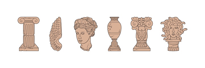 Marble antique sculpture, head, medusa, vase, column, wing. Mystic, ancient statues in trendy modern style. Hand drawn vector isolated illustration.