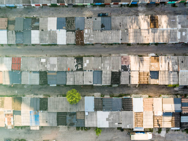 istock Dilapidated one story buildings, depressed area, topview 1697090076