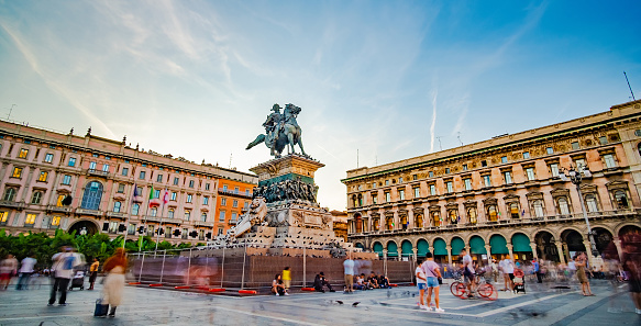 Milan, Italy - 16 August 2019: Panorama of Milan with monument to second king of Italy