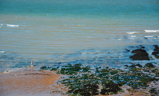 Unrecognized woman entering the ocean for swimming. Healthy lifestyle. Exercising outdoors. Botany bay beach United Kingdom