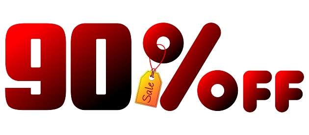 90% off Text and Sale text on price tag. Shopping and discount concept.