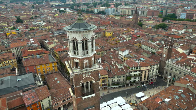 Aerial view of the historical city of Verona in Italy, The city of Romeo and Juliet, Aerial view of the Adigio river, Aerial view of the Verona arena, View of Piazza Bra in Verona,  the city of love in William Shakespeare's Romeo and Juliet