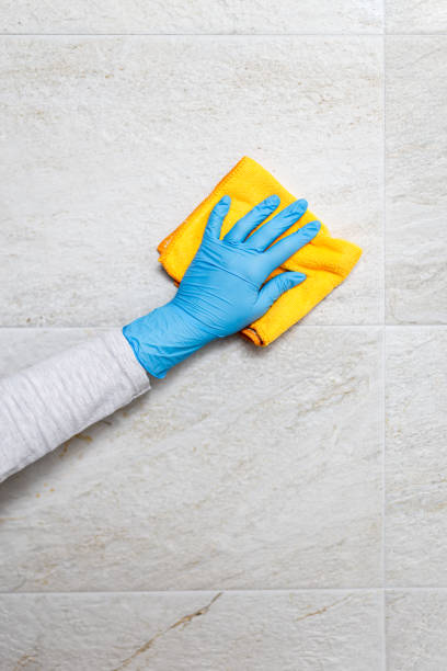 istock Young woman cleaning ceramic tiles with rag in bathroom. 1697135848
