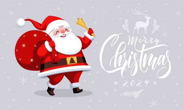 illustrazioni stock, clip art, cartoni animati e icone di tendenza di babbo natale felice con borsa rossa e campana in mano - holiday christmas backgrounds bell