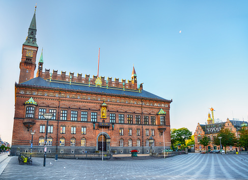 Copenhagen City Hall on the City Hall Square an night, Denmark. Composite photo