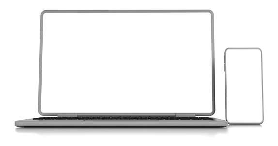 Top view of Macbook air notebook laptop computer with apple logo on topside. Macbook Pro 16 M1 chip laptop in grey, silver by Apple Inc. iMac on dark grey background isolated.