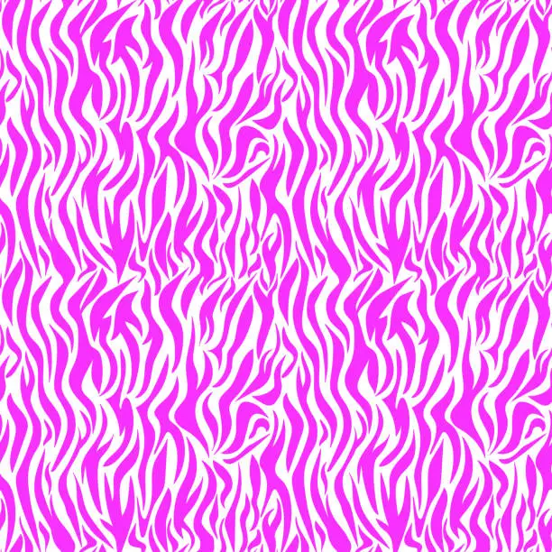 Vector illustration of Zebra seamless pattern magenta. Pink stripes on a white background. Pink texture of striped animal skin and fur. Trendy vector background for fabric design, wrapping paper, textile, wallpaper print