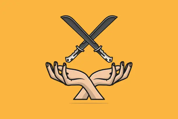 Vector illustration of Metal Swords and Clench Hands vector illustration. Holiday object icon concept. Swords and hands in cross sign vector design.