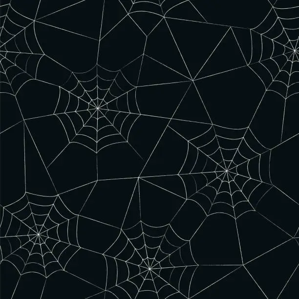 Vector illustration of Halloween Seamless Pattern With White Spider Web on Black Background.