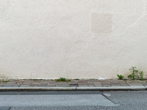 Empty white wall as an abstract background. Texture of a real exterior plaster of a building. The asphalt street and the sidewalk are also part of this setting. Plants are growing on the pavement.