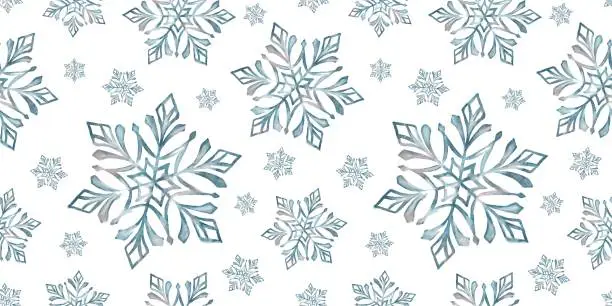 Vector illustration of Watercolor hand drawn seamless pattern with blue, teal and rose colored snowflakes.