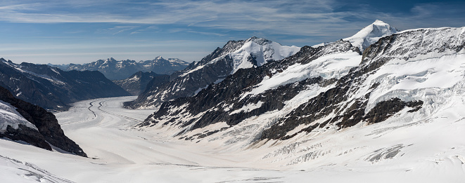 wide panoramic view from Eggishorn on aletsch glacier under blue sunny sky