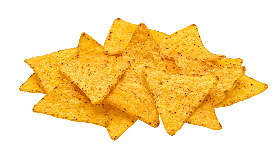 Spicy corn chips, heap of hot mexican nachos isolated on white background with clipping path