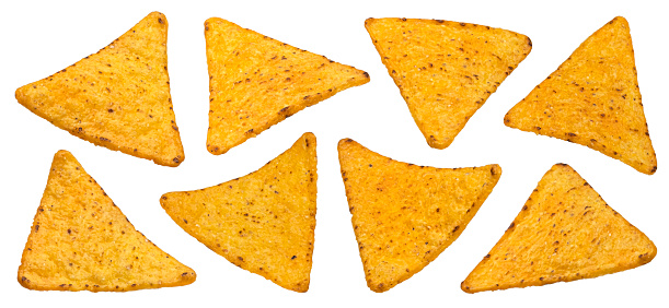 Spicy corn chips, hot mexican nachos isolated on white background with clipping path