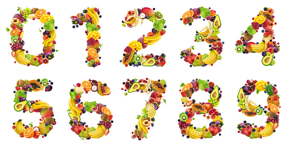 Numbers with fresh food ingredients, made from fruits and berries isolated on white background with clipping path