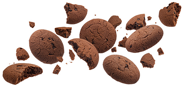 Falling chocolate cookies isolated on white background, full depth of field