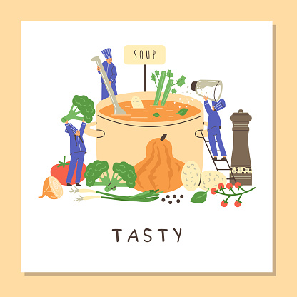 Squared banner about cooking flat style, vector illustration isolated on yellow background. Decorative design with text, soup and ingredients, tiny people cooking