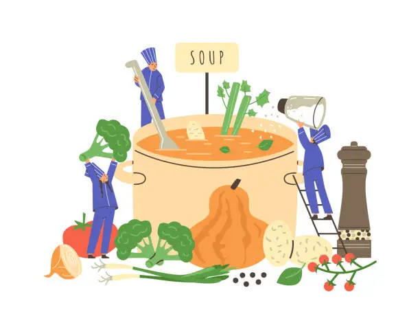 Vector illustration of People in chef uniform and cap cooking together huge soup pot with vegetables pumpkin, vegetarian food preparing process