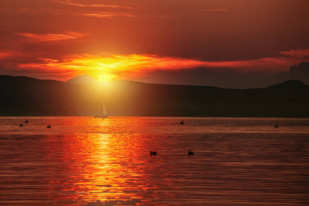 Location: Lake Balaton, Hungary - Feel the serenity of a picturesque sunset over Lake Balaton in Hungary, where the calm waters mirror the vibrant hues of the sky. This captivating scene showcases the a sailboat gracefully gliding across the lake, creating a timeless and peaceful moment captured in the heart of Hungary's stunning landscape.