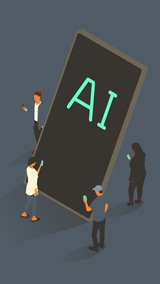 The letters AI display on a mobile phone over a blank black screen. The device is oversized and shown vertically. It's surrounded by a group of smartphone users, consisting of diverse men and women leveraging mobile apps and the internet. No specific manufacturer is represented, and icons are created by the illustrator from scratch. Vector isometric illustration appears over a muted background within a 9x16 vertically-oriented artboard. No artificial intelligence was used in the creation of this image.