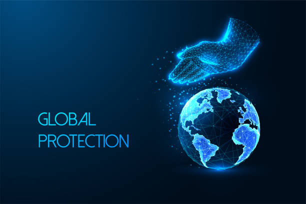 istock Global protection, social corporate responsibility futuristic concept with human hand guards Earth 1697154287