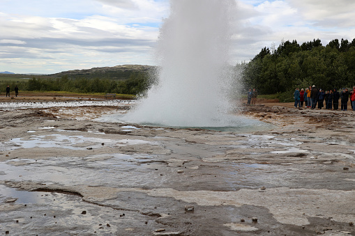 Haukadalur, Iceland: - The geyser is located next to the rarely erupting Great Geyser in the hot water valley of Haukadalur