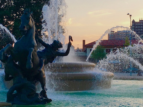 The Mill Creek Fountain at sunset in the Kansas City Plaza.