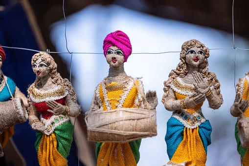 Handmade Jute puppet, Handicraft work of handmade colorful puppet  made with jute in surajkund craft fair.