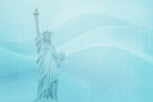 This image features the Statue of Liberty set against a stylish blue abstract backdrop