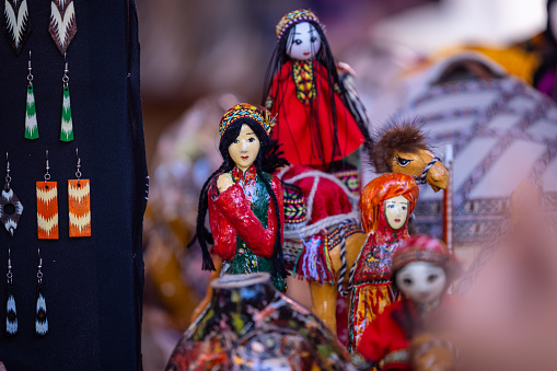 Handmade puppet, Handicraft work of handmade colorful puppet or doll from kazakhstan in surajkund craft fair.