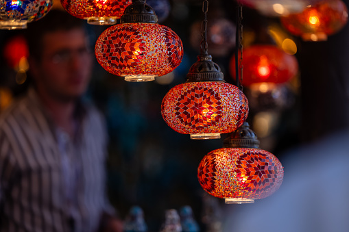 Turkey. Market With Many Traditional Colorful Handmade Turkish Lamps And Lanterns. Lanterns Hanging In Shop For Sale. Popular Souvenirs From Turkey.