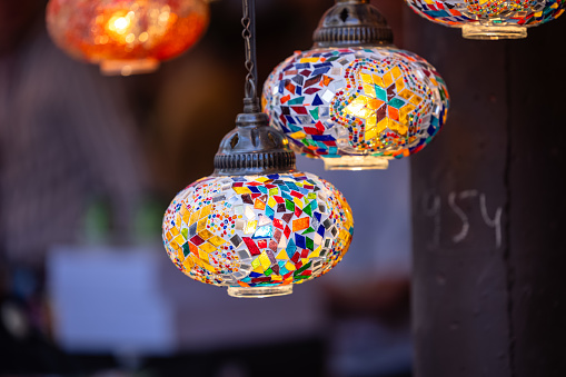 Turkey. Market With Many Traditional Colorful Handmade Turkish Lamps And Lanterns. Lanterns Hanging In Shop For Sale. Popular Souvenirs From Turkey.