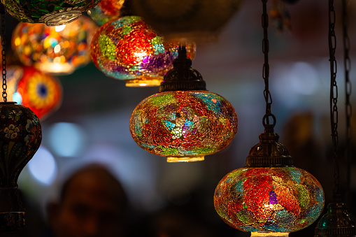 Turkey. Market With Many Traditional Colorful Handmade Turkish Lamps And Lanterns. Lanterns Hanging In Shop For Sale. Popular Souvenirs From Turkey.