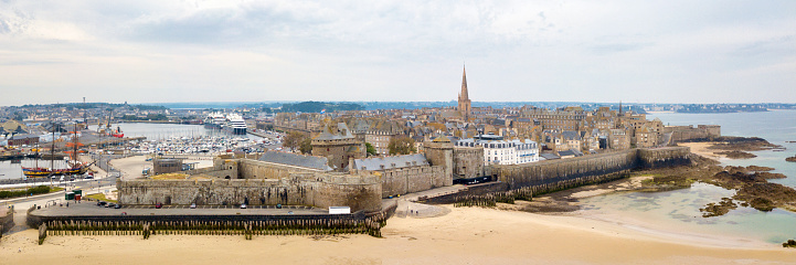 Saint-Malo, France - June 03 2020: Aerial view of the old town of Saint-Malo surrounded by the ramparts.