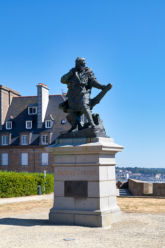 Saint-Malo, France - June 02 2020: Monument to Jacques Cartier is a work by sculptor Bareau erected in 1905 on the Place de la Hollande.