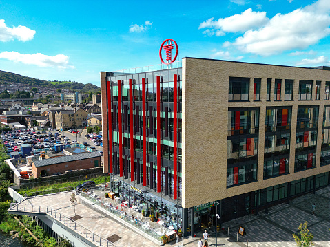 Pontypridd, Wales - 12 September 2023: Drone view of the headquarters offices of Transport for Wales in the town centre