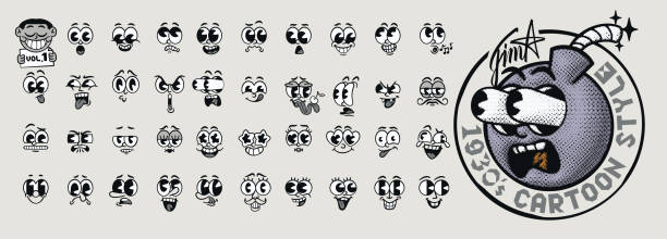1930s Rubber Hose style facial expressions, doodle emoticon vector set