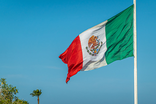 San Jose del Cabo Centro, Mexico - July 16, 2023: Closeup of the open National Mexican flag itself set against blue sky. Some green foliage in corner