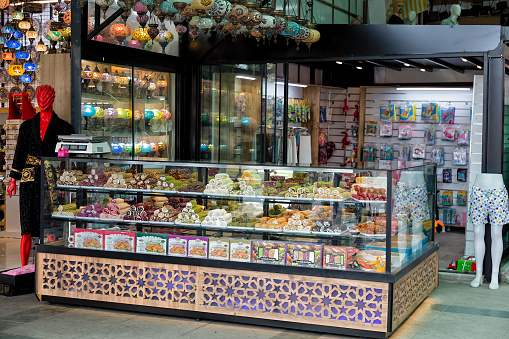 Antalya, Turkey - 26 April: Shop with food and souvenirs in Antalya.