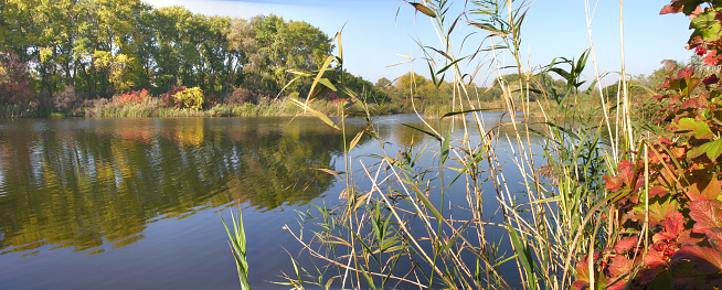 panoramic image of the lake in October at sunny day