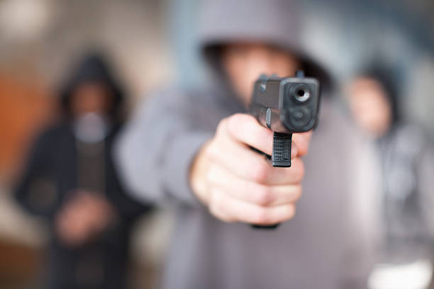 man with gun pointed at viewer - perampok pencuri potret stok, foto, & gambar bebas royalti