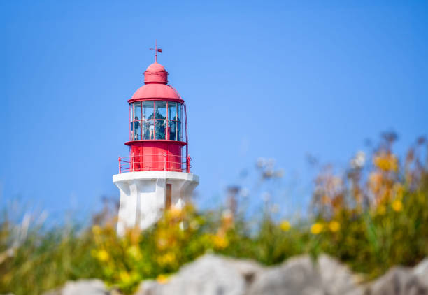 narodowe miejsce historyczne latarni morskiej pointe-au-père w rimouski, quebec, kanada - lighthouse local landmark blue canada zdjęcia i obrazy z banku zdjęć