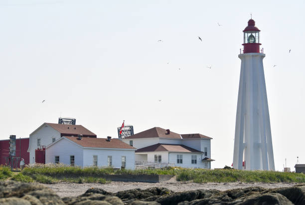 narodowe miejsce historyczne latarni morskiej pointe-au-père w rimouski, quebec, kanada - lighthouse local landmark blue canada zdjęcia i obrazy z banku zdjęć