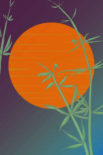 Vector illustration of japanese symbols on sun background with bamboo.