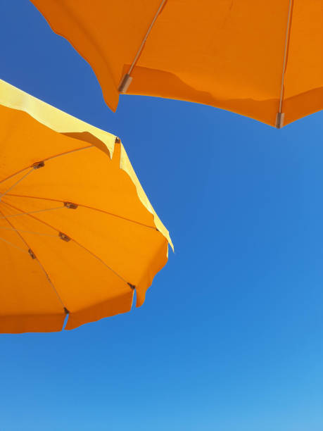 istock Yellow beach umbrellas isolated on blue sky background. 1697303942