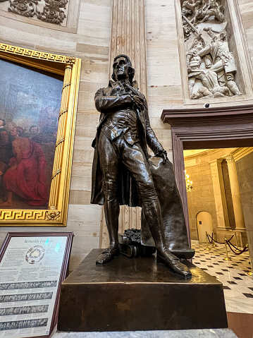 Washington, DC - September 20, 2023: The statue of Thomas Jefferson was sculpted in France by Pierre-Jean David d’Angers and cast by Honoré Gonon and Sons using the lost-wax technique. On March 21, 1834, the statue was placed in the center of the Capitol Rotunda, and to its present location in the Rotunda in 1900.