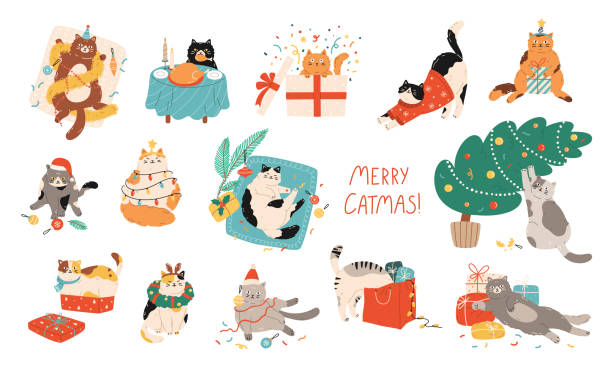 набор забавных котиков, празднующих рождество. домашние животные играют с елочными украшениями. - art kit stock illustrations