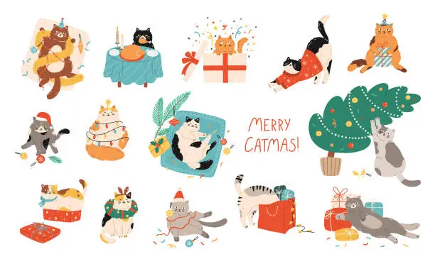 Vector illustration of Set of funny cats celebrating Christmas. Pets playing with Christmas decorations.