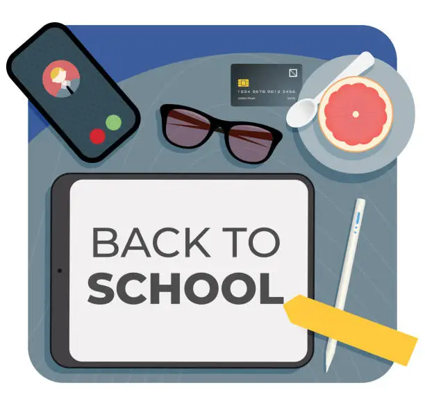 Vector illustration of Back to School  Concept - Overhead View - Desk with School/Office Supply - Back to School Text
